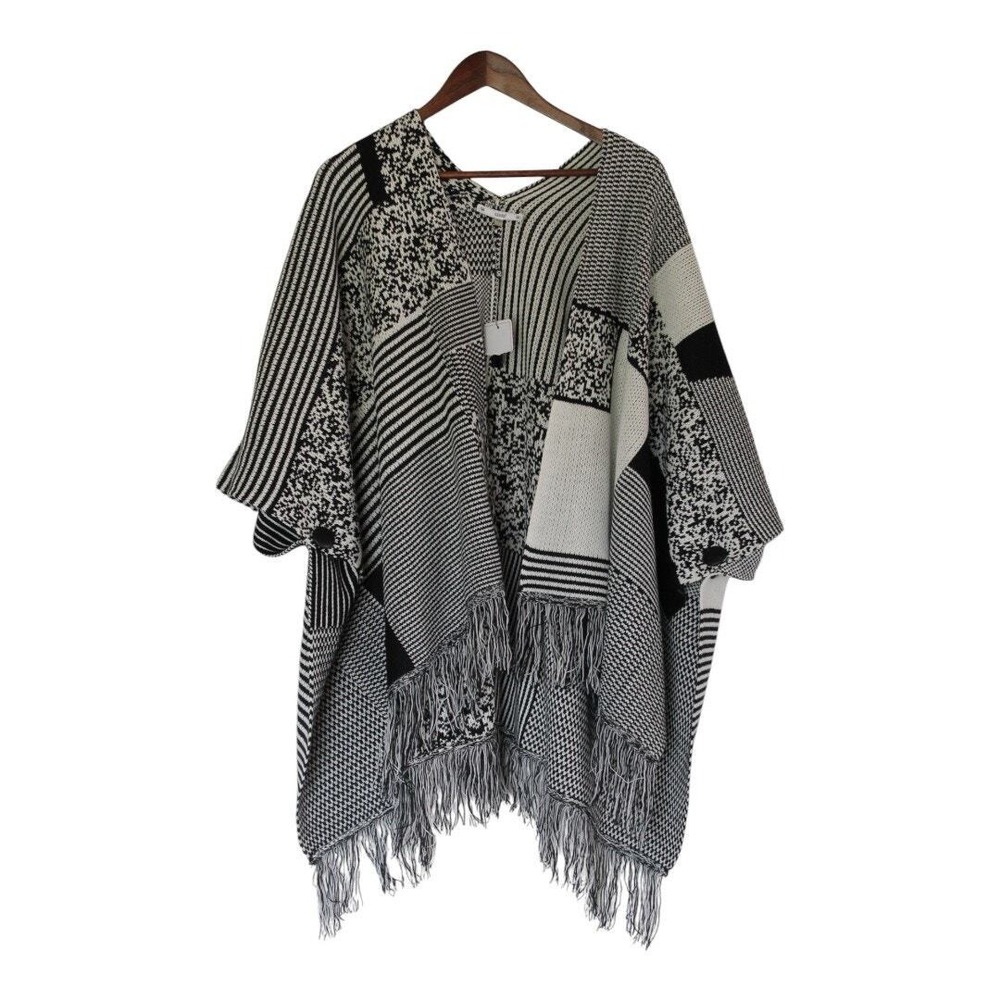 Sioni Open Front Poncho Cardigan Sweater Boho Black White Size‎ S/M